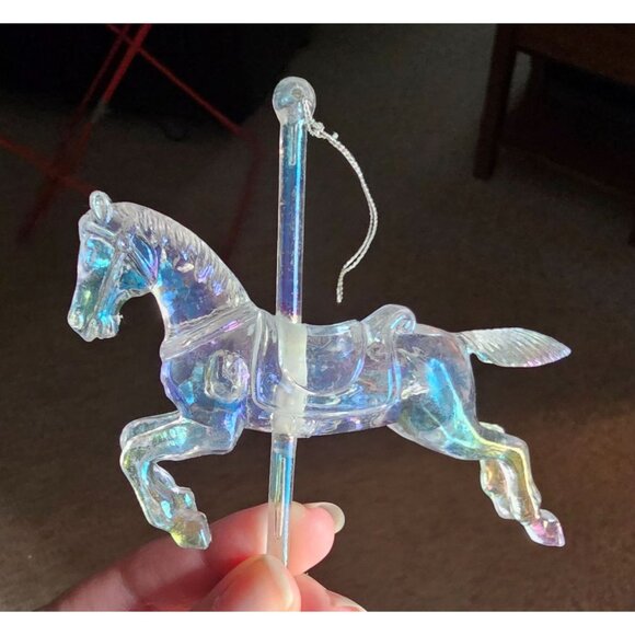 Vintage Iridescent & Clear Carousel Horse Christmas Holiday Ornaments Set Of 2 - Picture 10 of 11